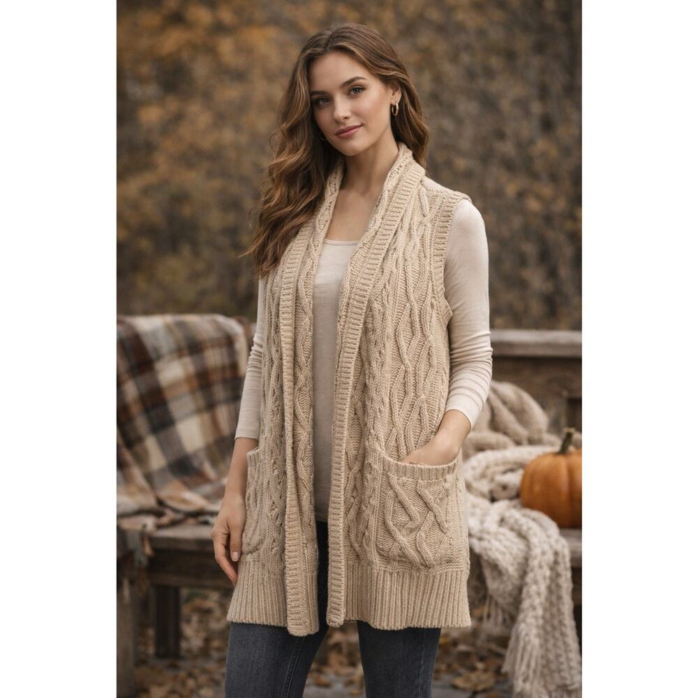 Lisa Rinna Collection Cable Knit Sleeveless Cardigan Vest Women’s M Beige